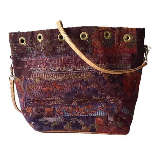 Tapestry Bucket Hobo Bag Leather 2 Detachable Leather Straps: Handle/Crossbody - Picture 2 of 12